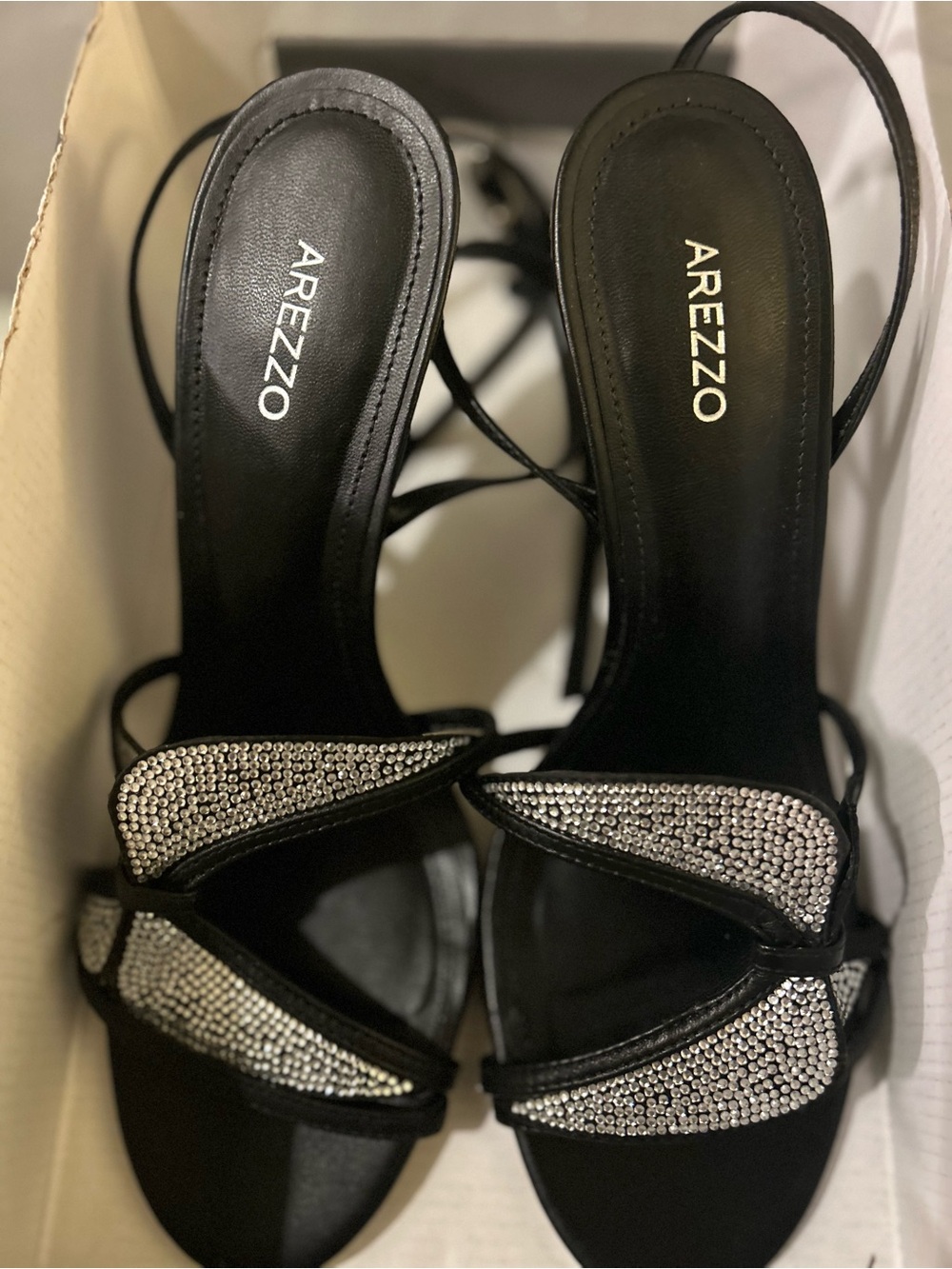 AREZZO Black Strappy Heels with Silver Crystal Accents